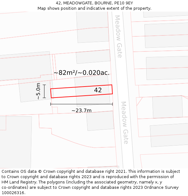 42, MEADOWGATE, BOURNE, PE10 9EY: Plot and title map