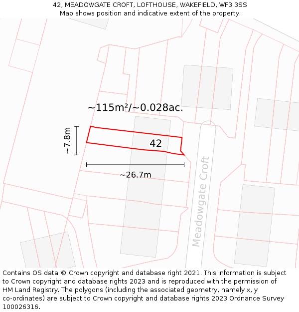 42, MEADOWGATE CROFT, LOFTHOUSE, WAKEFIELD, WF3 3SS: Plot and title map