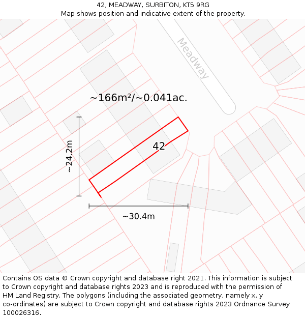 42, MEADWAY, SURBITON, KT5 9RG: Plot and title map
