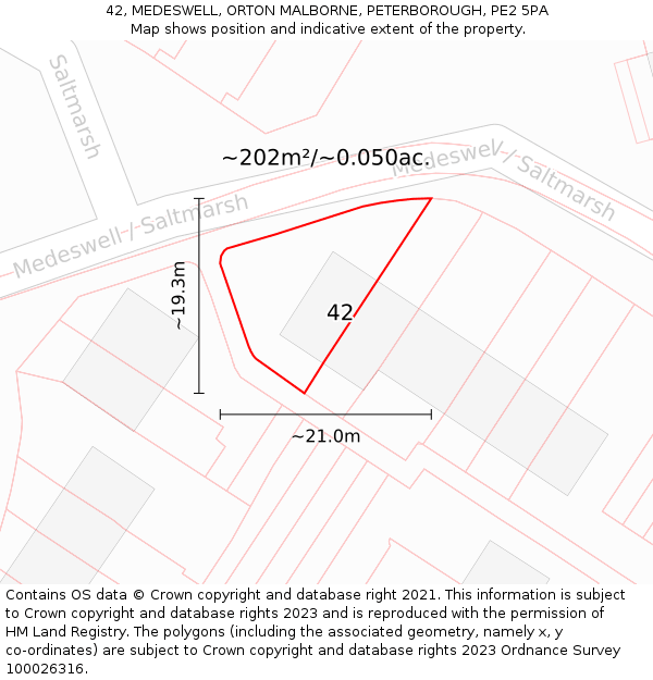 42, MEDESWELL, ORTON MALBORNE, PETERBOROUGH, PE2 5PA: Plot and title map