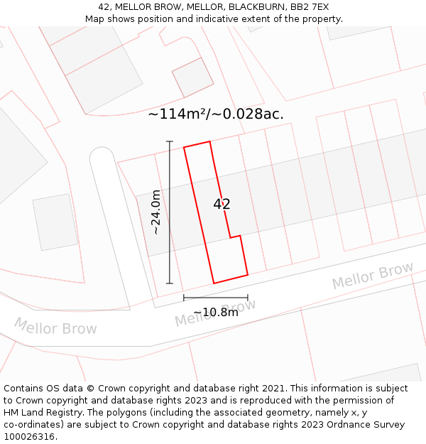 42, MELLOR BROW, MELLOR, BLACKBURN, BB2 7EX: Plot and title map