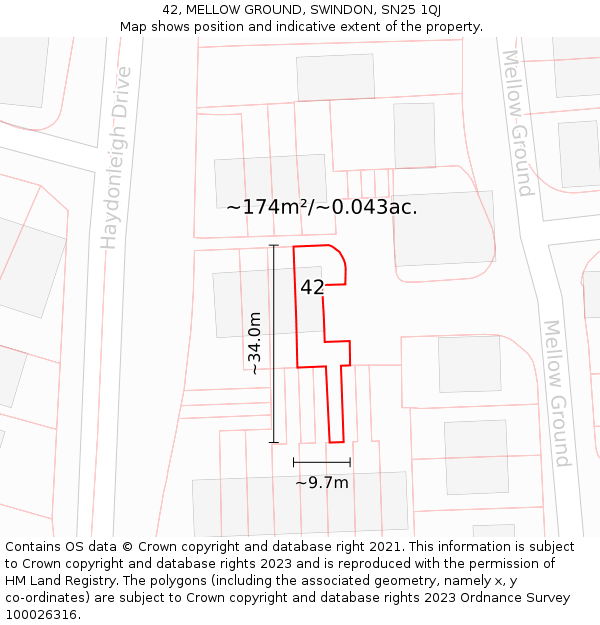 42, MELLOW GROUND, SWINDON, SN25 1QJ: Plot and title map