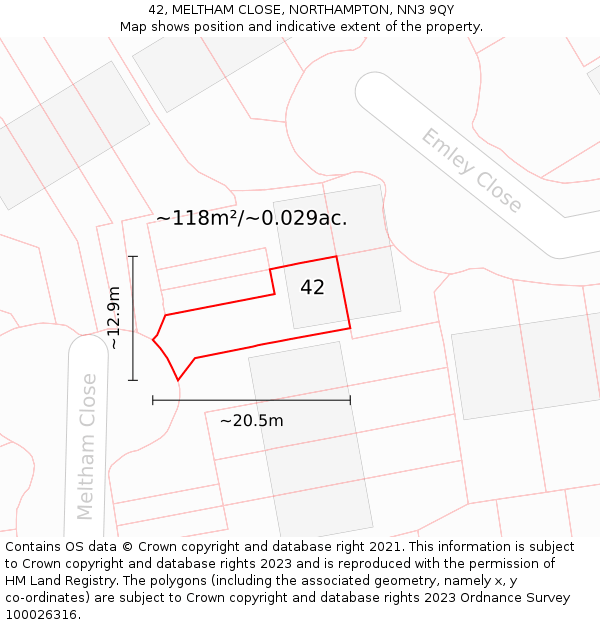 42, MELTHAM CLOSE, NORTHAMPTON, NN3 9QY: Plot and title map