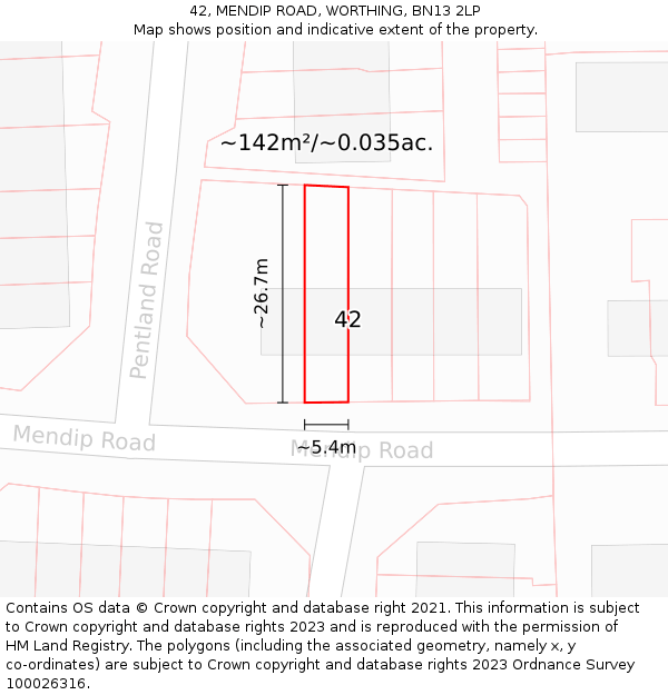 42, MENDIP ROAD, WORTHING, BN13 2LP: Plot and title map