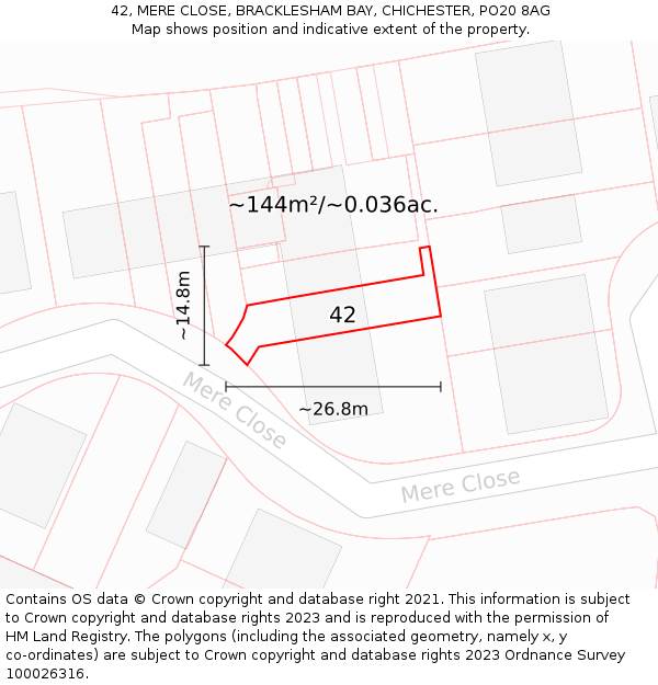 42, MERE CLOSE, BRACKLESHAM BAY, CHICHESTER, PO20 8AG: Plot and title map