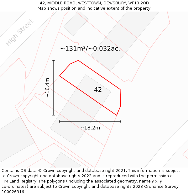 42, MIDDLE ROAD, WESTTOWN, DEWSBURY, WF13 2QB: Plot and title map