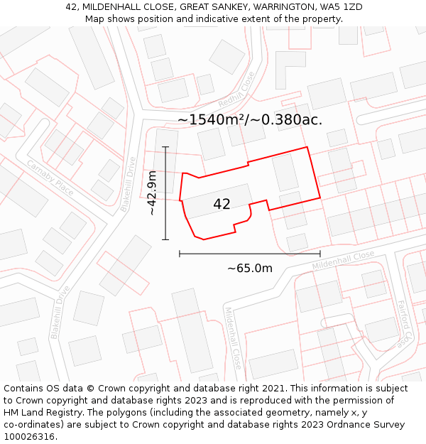 42, MILDENHALL CLOSE, GREAT SANKEY, WARRINGTON, WA5 1ZD: Plot and title map