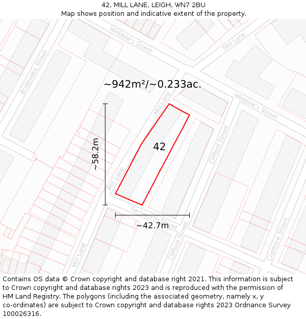 42, MILL LANE, LEIGH, WN7 2BU: Plot and title map