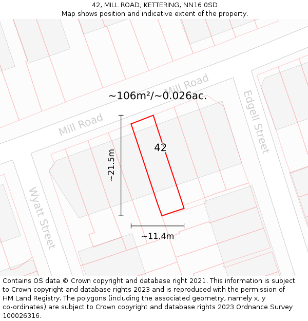 42, MILL ROAD, KETTERING, NN16 0SD: Plot and title map