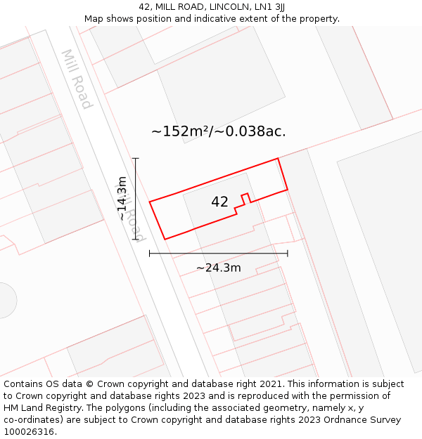 42, MILL ROAD, LINCOLN, LN1 3JJ: Plot and title map