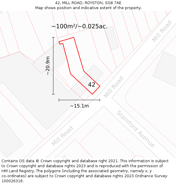 42, MILL ROAD, ROYSTON, SG8 7AE: Plot and title map