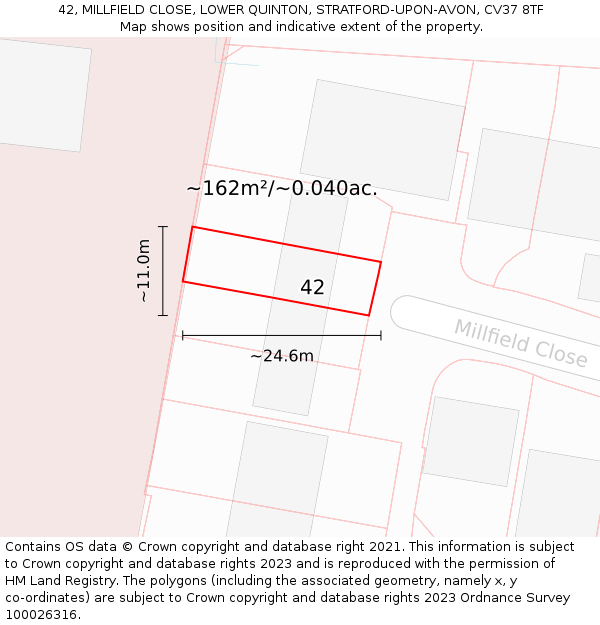 42, MILLFIELD CLOSE, LOWER QUINTON, STRATFORD-UPON-AVON, CV37 8TF: Plot and title map