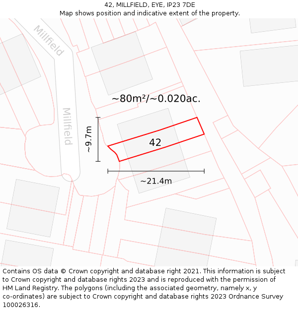 42, MILLFIELD, EYE, IP23 7DE: Plot and title map