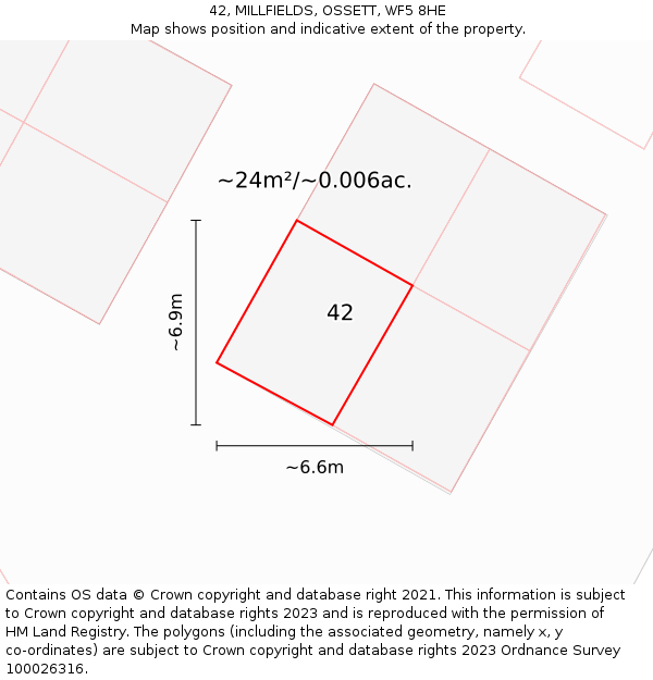 42, MILLFIELDS, OSSETT, WF5 8HE: Plot and title map