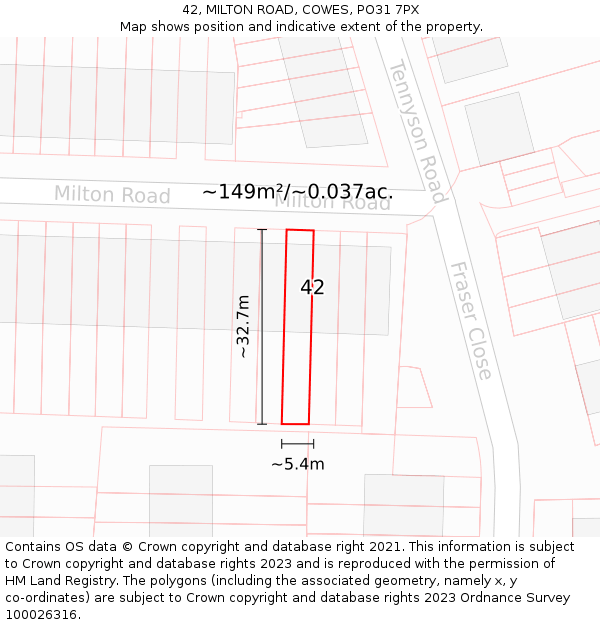 42, MILTON ROAD, COWES, PO31 7PX: Plot and title map