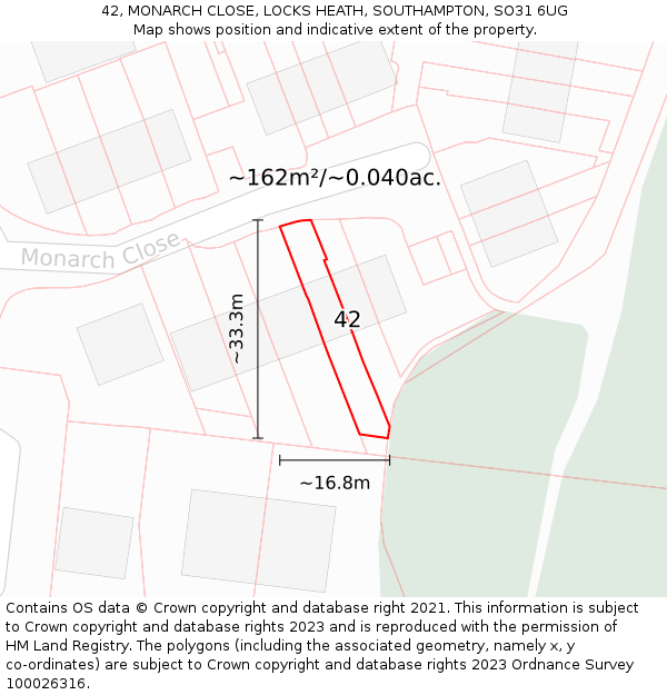 42, MONARCH CLOSE, LOCKS HEATH, SOUTHAMPTON, SO31 6UG: Plot and title map
