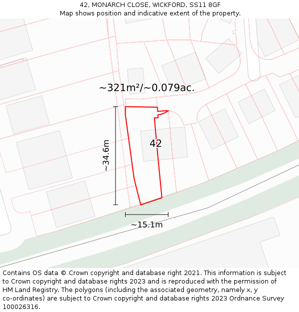 42, MONARCH CLOSE, WICKFORD, SS11 8GF: Plot and title map