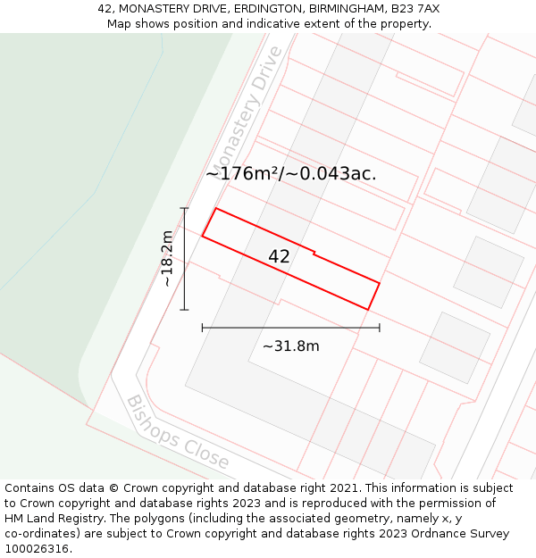 42, MONASTERY DRIVE, ERDINGTON, BIRMINGHAM, B23 7AX: Plot and title map