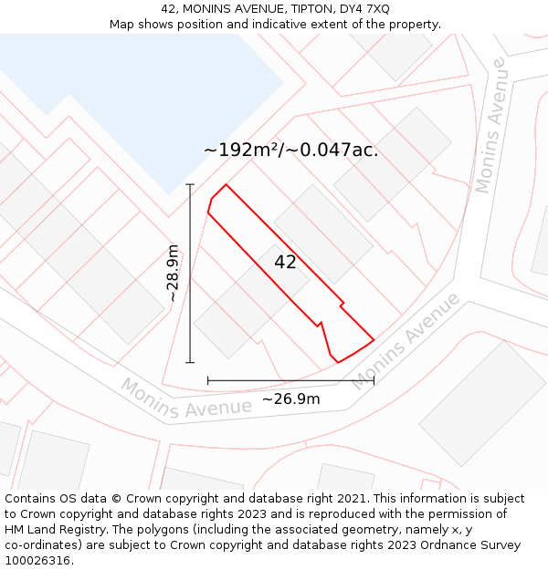 42, MONINS AVENUE, TIPTON, DY4 7XQ: Plot and title map
