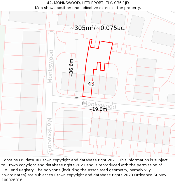 42, MONKSWOOD, LITTLEPORT, ELY, CB6 1JD: Plot and title map