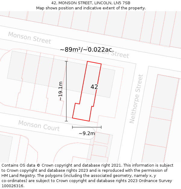 42, MONSON STREET, LINCOLN, LN5 7SB: Plot and title map