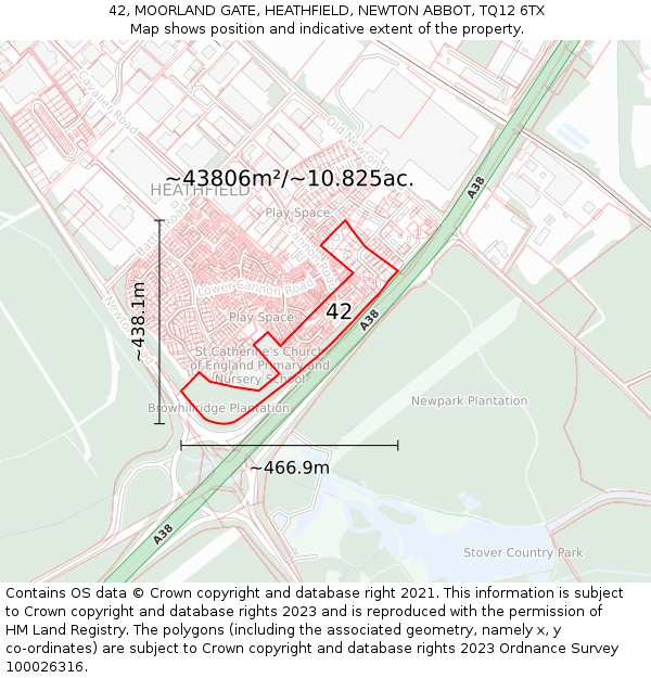 42, MOORLAND GATE, HEATHFIELD, NEWTON ABBOT, TQ12 6TX: Plot and title map
