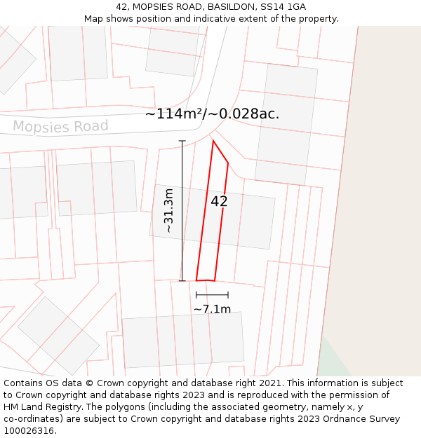 42, MOPSIES ROAD, BASILDON, SS14 1GA: Plot and title map