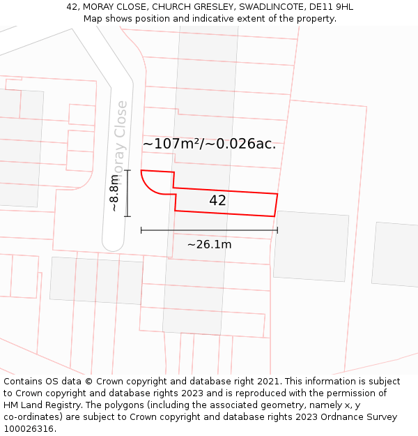 42, MORAY CLOSE, CHURCH GRESLEY, SWADLINCOTE, DE11 9HL: Plot and title map