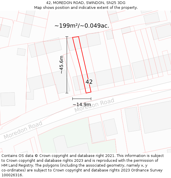 42, MOREDON ROAD, SWINDON, SN25 3DG: Plot and title map