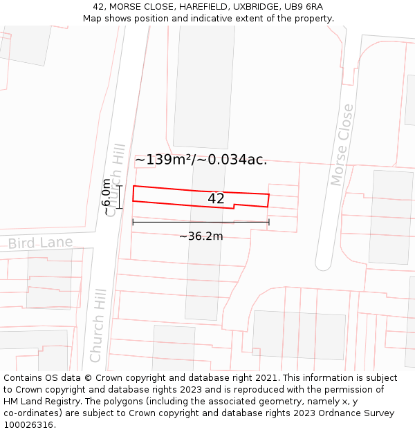 42, MORSE CLOSE, HAREFIELD, UXBRIDGE, UB9 6RA: Plot and title map