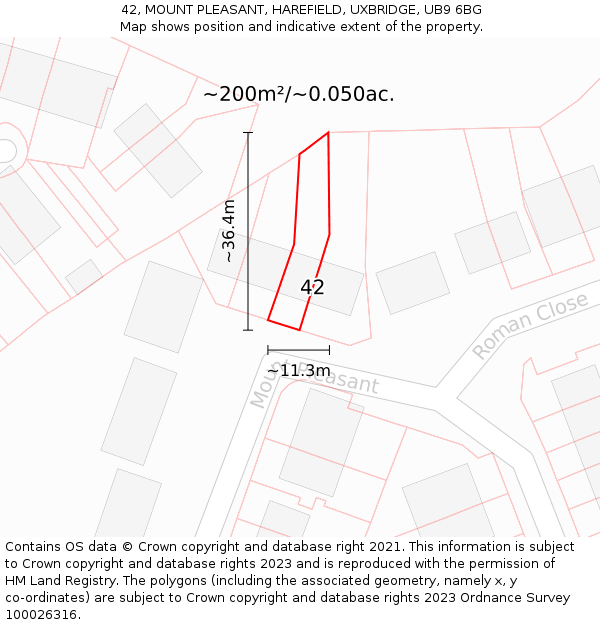 42, MOUNT PLEASANT, HAREFIELD, UXBRIDGE, UB9 6BG: Plot and title map