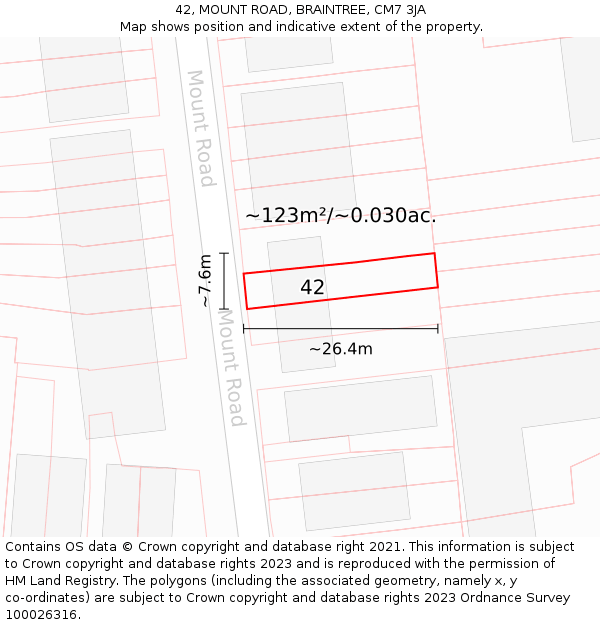 42, MOUNT ROAD, BRAINTREE, CM7 3JA: Plot and title map