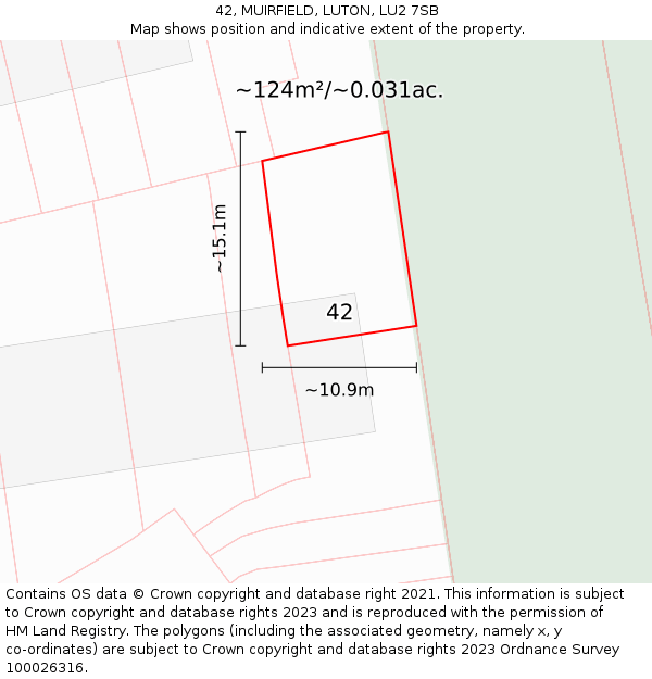 42, MUIRFIELD, LUTON, LU2 7SB: Plot and title map