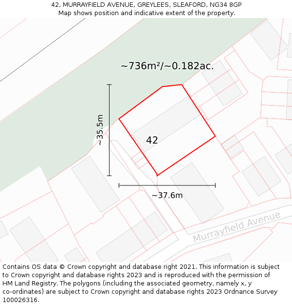 42, MURRAYFIELD AVENUE, GREYLEES, SLEAFORD, NG34 8GP: Plot and title map