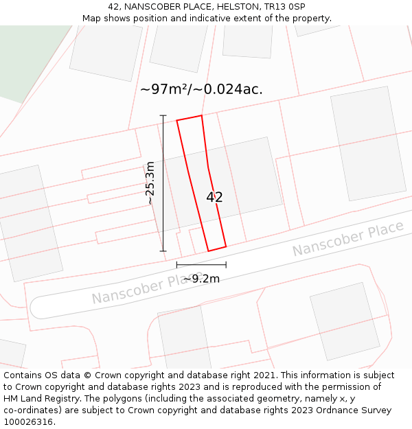 42, NANSCOBER PLACE, HELSTON, TR13 0SP: Plot and title map