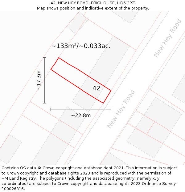 42, NEW HEY ROAD, BRIGHOUSE, HD6 3PZ: Plot and title map