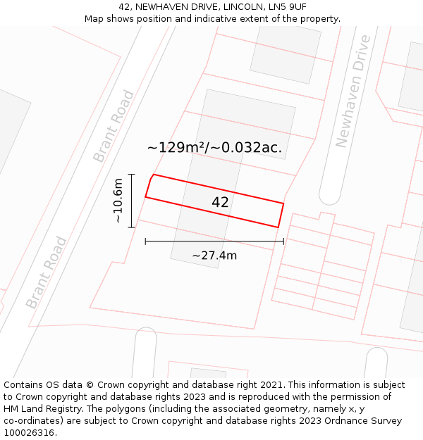 42, NEWHAVEN DRIVE, LINCOLN, LN5 9UF: Plot and title map