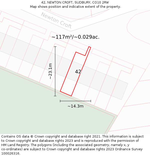 42, NEWTON CROFT, SUDBURY, CO10 2RW: Plot and title map
