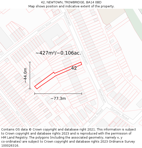 42, NEWTOWN, TROWBRIDGE, BA14 0BD: Plot and title map