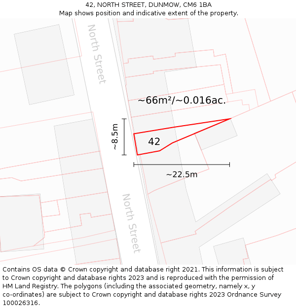 42, NORTH STREET, DUNMOW, CM6 1BA: Plot and title map