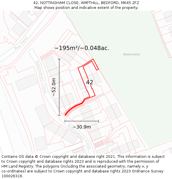 42, NOTTINGHAM CLOSE, AMPTHILL, BEDFORD, MK45 2FZ: Plot and title map