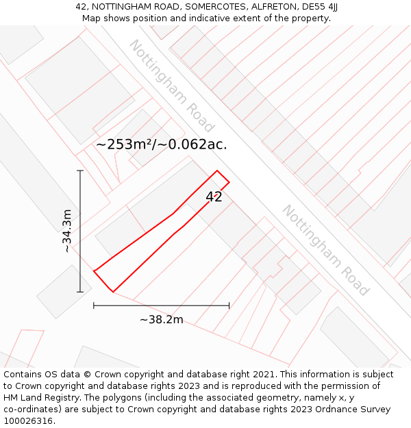 42, NOTTINGHAM ROAD, SOMERCOTES, ALFRETON, DE55 4JJ: Plot and title map