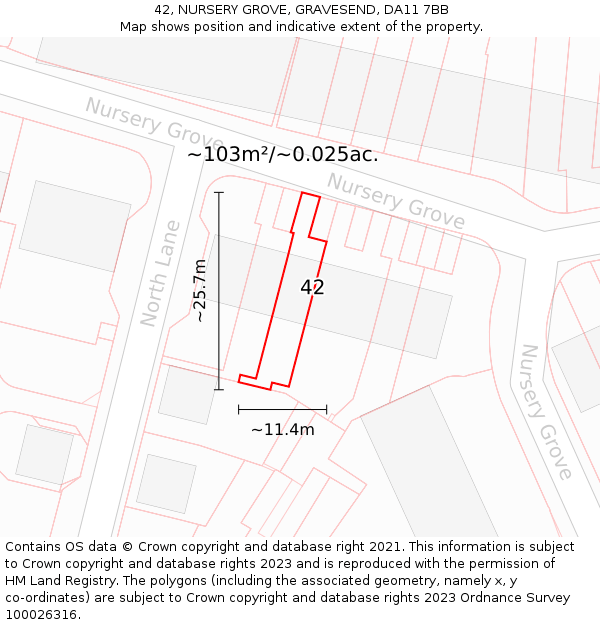 42, NURSERY GROVE, GRAVESEND, DA11 7BB: Plot and title map