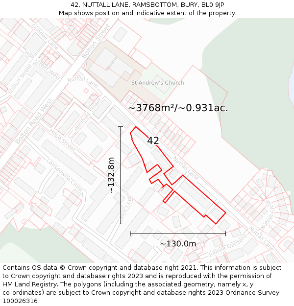 42, NUTTALL LANE, RAMSBOTTOM, BURY, BL0 9JP: Plot and title map