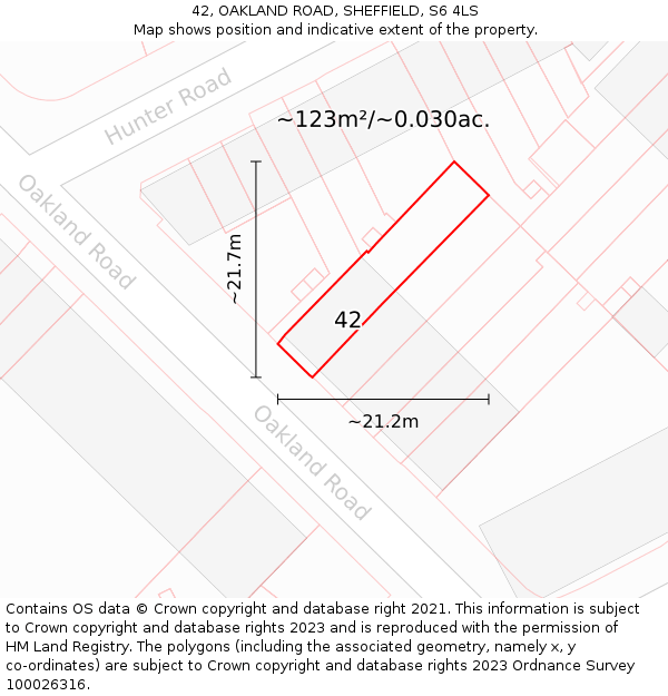 42, OAKLAND ROAD, SHEFFIELD, S6 4LS: Plot and title map