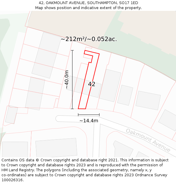 42, OAKMOUNT AVENUE, SOUTHAMPTON, SO17 1ED: Plot and title map