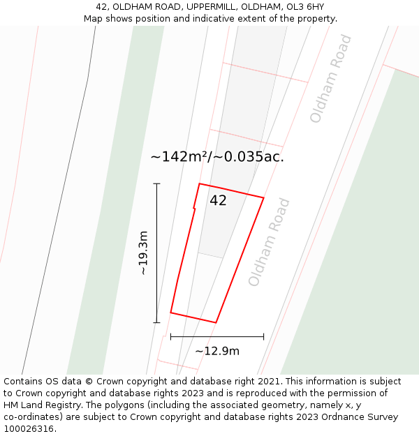 42, OLDHAM ROAD, UPPERMILL, OLDHAM, OL3 6HY: Plot and title map