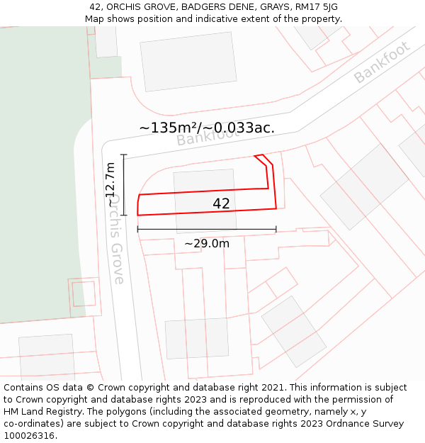 42, ORCHIS GROVE, BADGERS DENE, GRAYS, RM17 5JG: Plot and title map