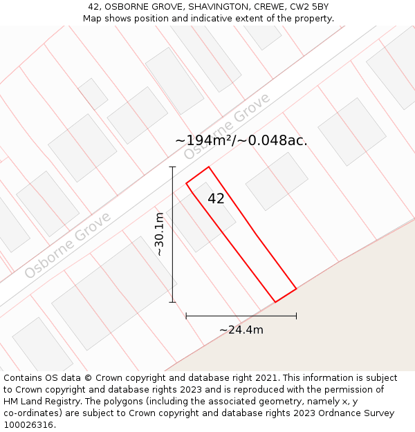42, OSBORNE GROVE, SHAVINGTON, CREWE, CW2 5BY: Plot and title map