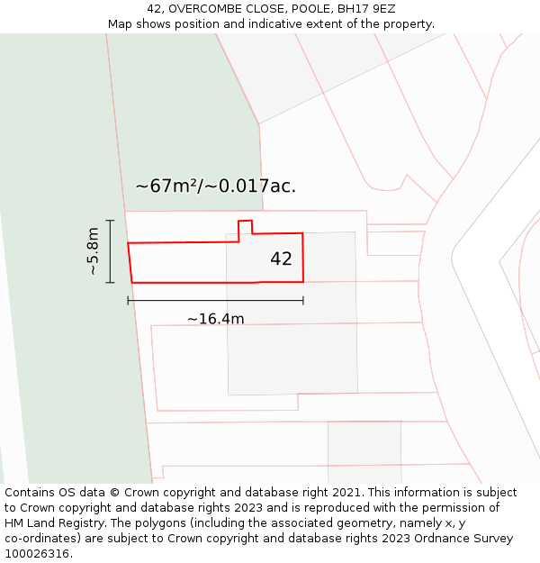 42, OVERCOMBE CLOSE, POOLE, BH17 9EZ: Plot and title map